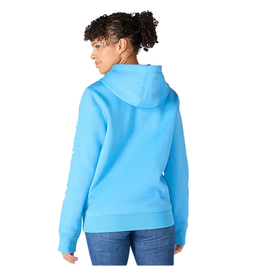 Person wearing a light blue hoodie on a white background