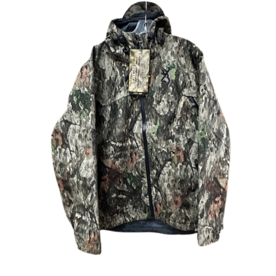 Camouflage jacket with a tag on a white background