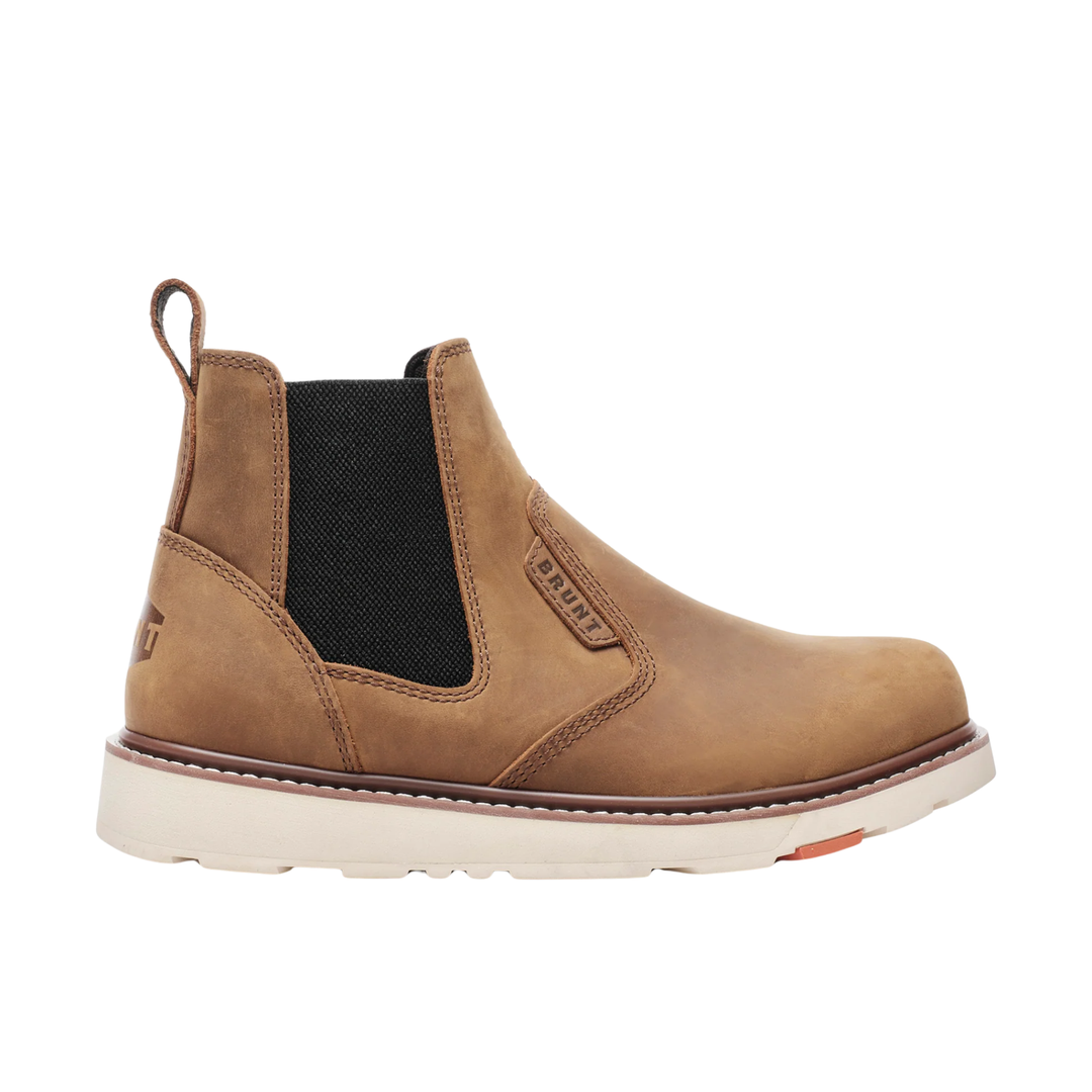 Brown Chelsea boot with white sole on a white background