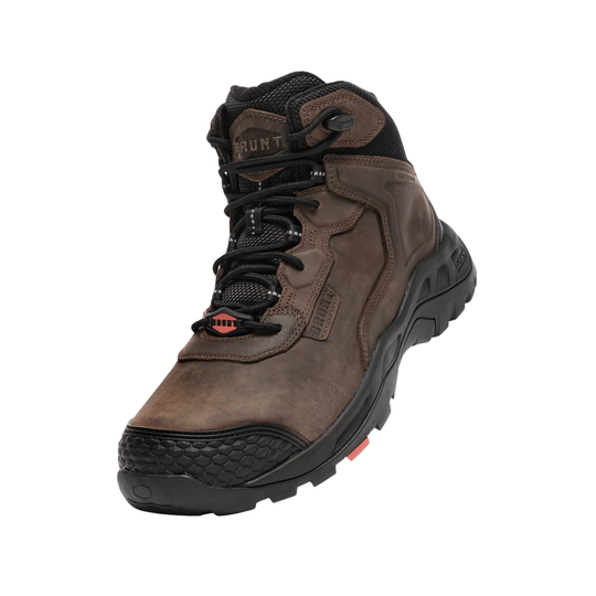 Brown hiking boot with black sole on a white background
