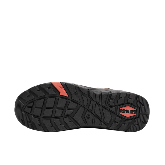 Black and red sole of a shoe on a white background