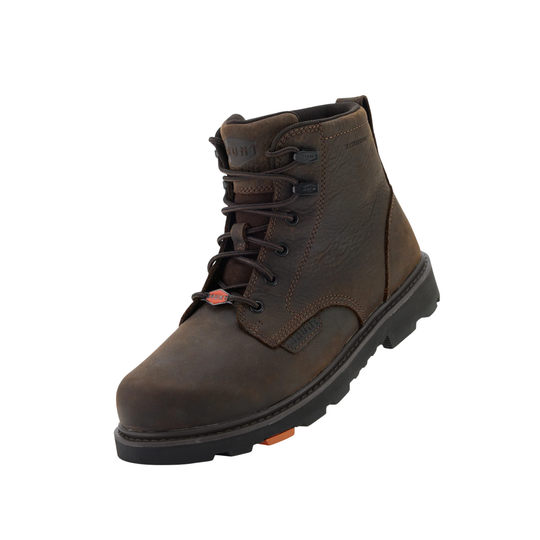 Brown leather boot with black sole on a white background