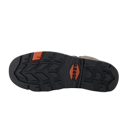 Close-up of a shoe sole with black tread pattern and orange accents on a white background
