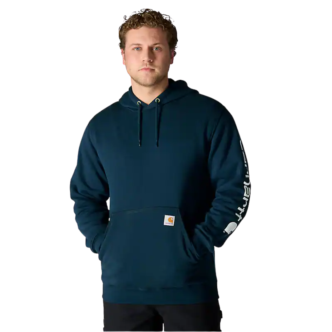 Man wearing a navy hoodie with a visible brand logo on a white background