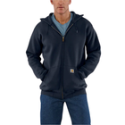 Person wearing a navy blue hoodie with a visible brand logo on a white background