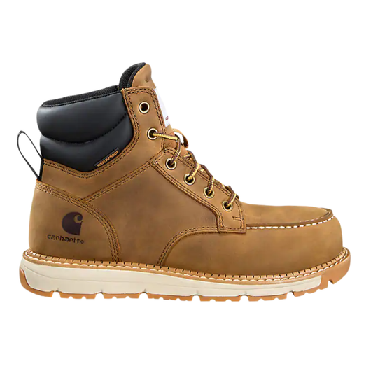 Brown leather boot with Carhartt logo on a white background
