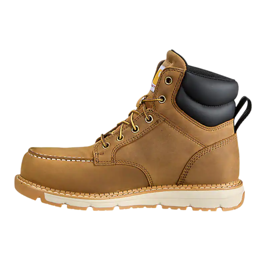 Brown work boot with a white sole on a white background