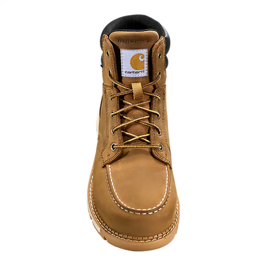 Tan leather boot with laces on a white background