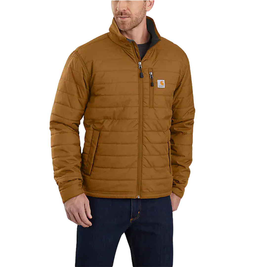 Man wearing a brown jacket with a visible brand logo on a white background