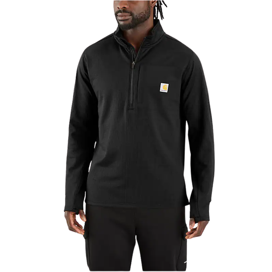 Man wearing a black pullover with a visible brand logo on a white background