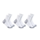 Three pairs of white socks with gray accents on a white background