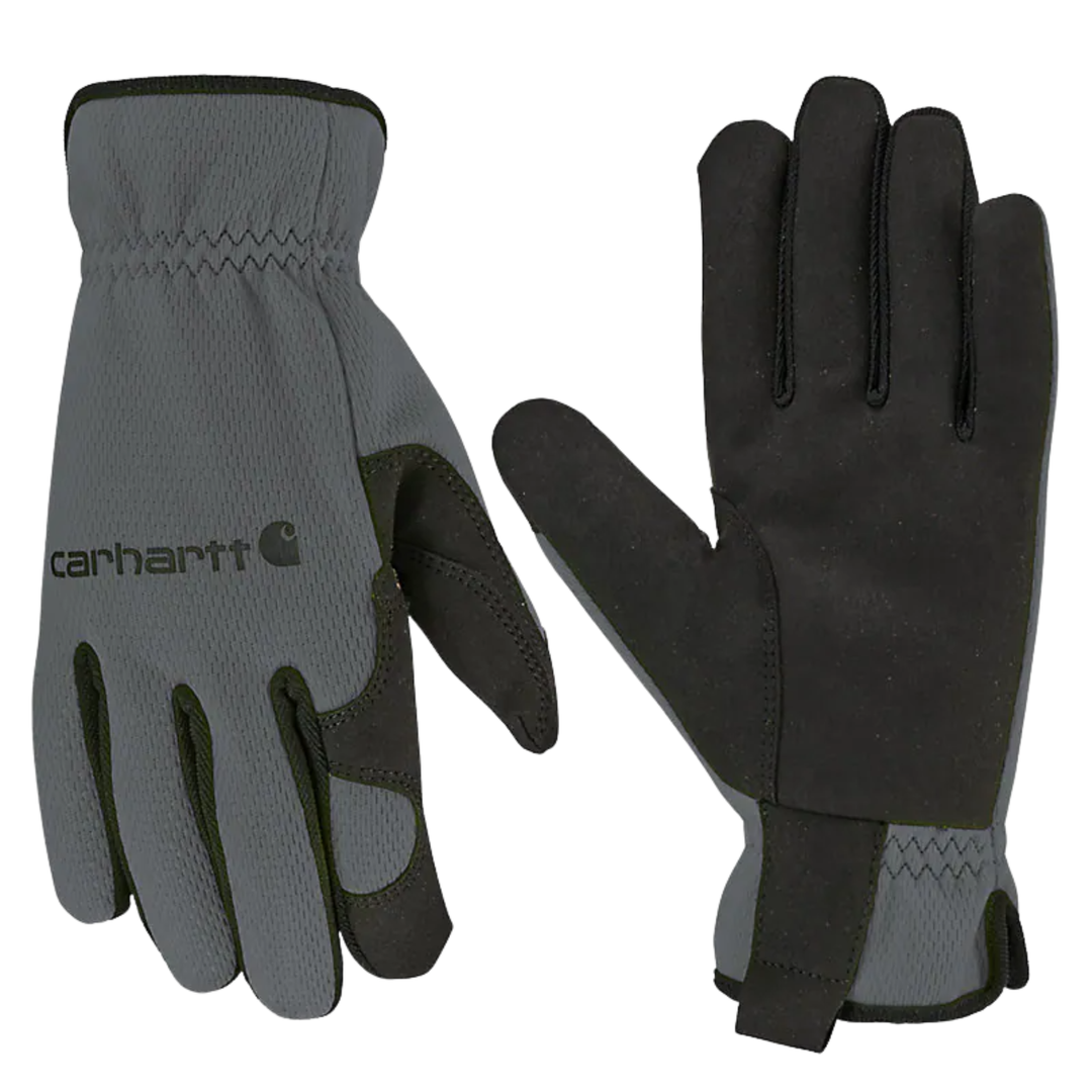 Gray and black work gloves with Carhartt logo, shown front and back
