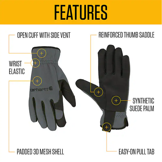 Black and gray gloves with feature labels on a white background