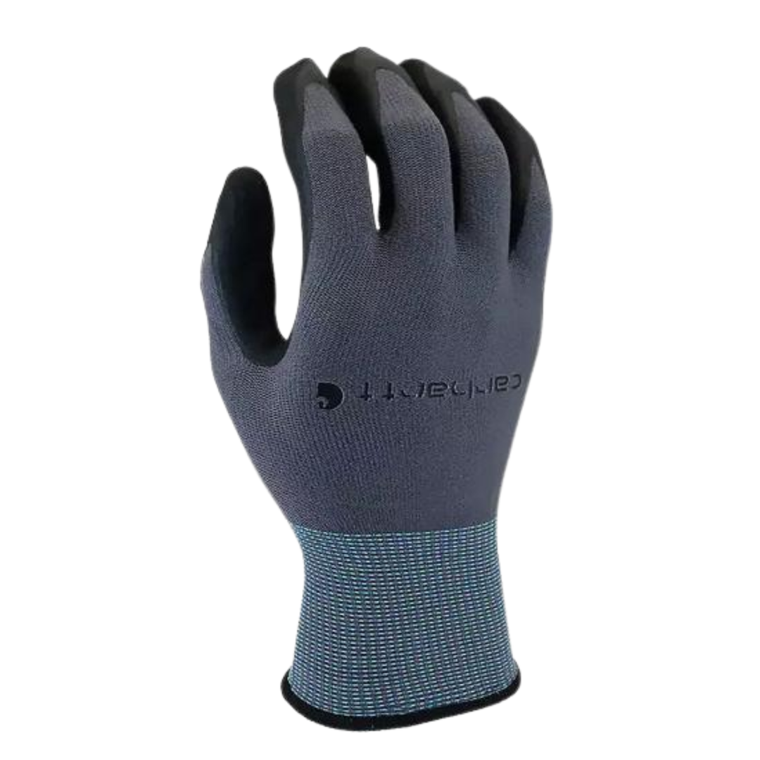 Dark gray knit work glove with black fingertips and blue ribbed cuff