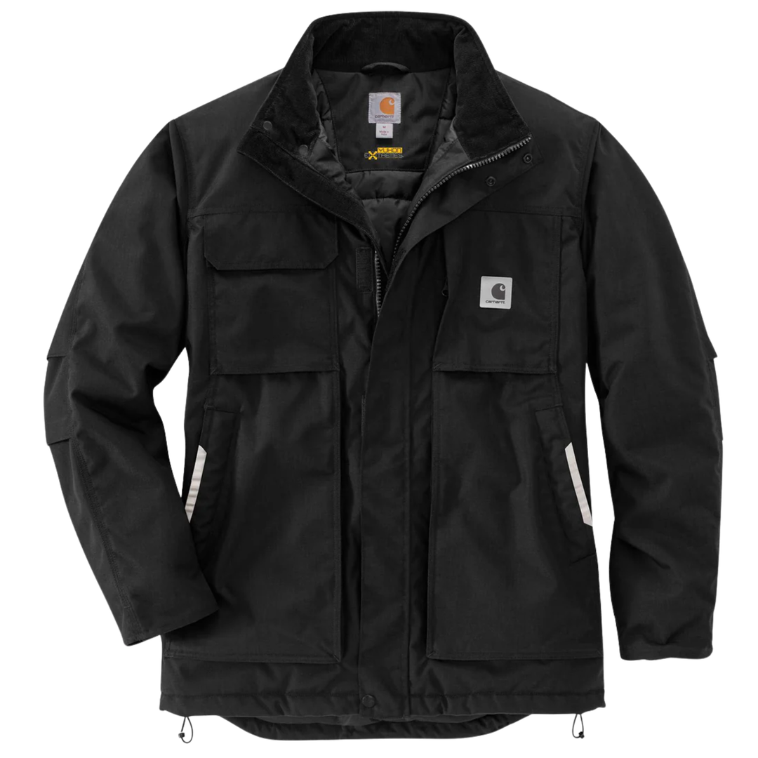 Black insulated hooded coat with chest and hip pockets, zipper front, and reflective trim