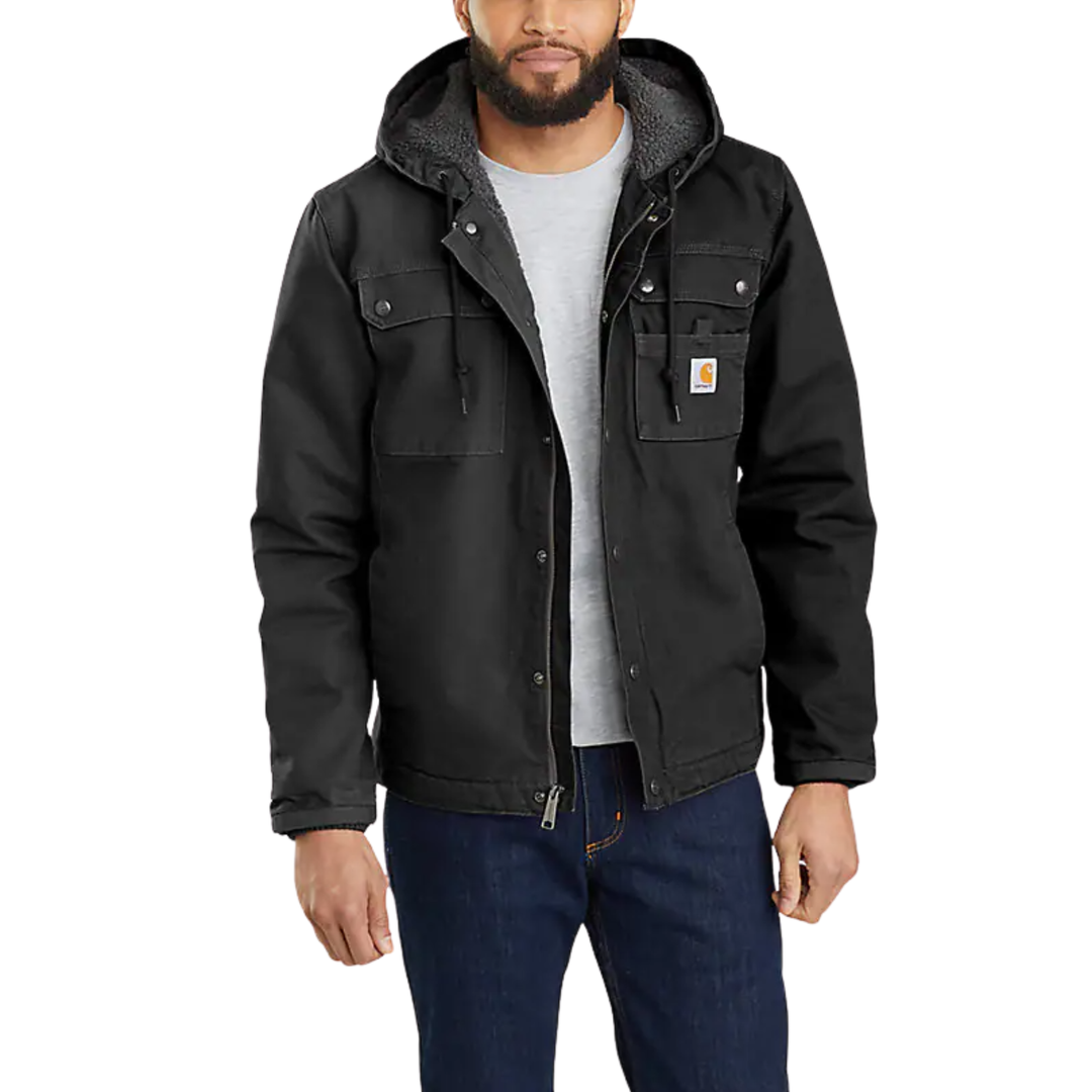 Man wearing a black jacket with a hood on a white background