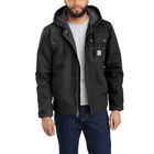 Man wearing a black jacket with a hood on a white background