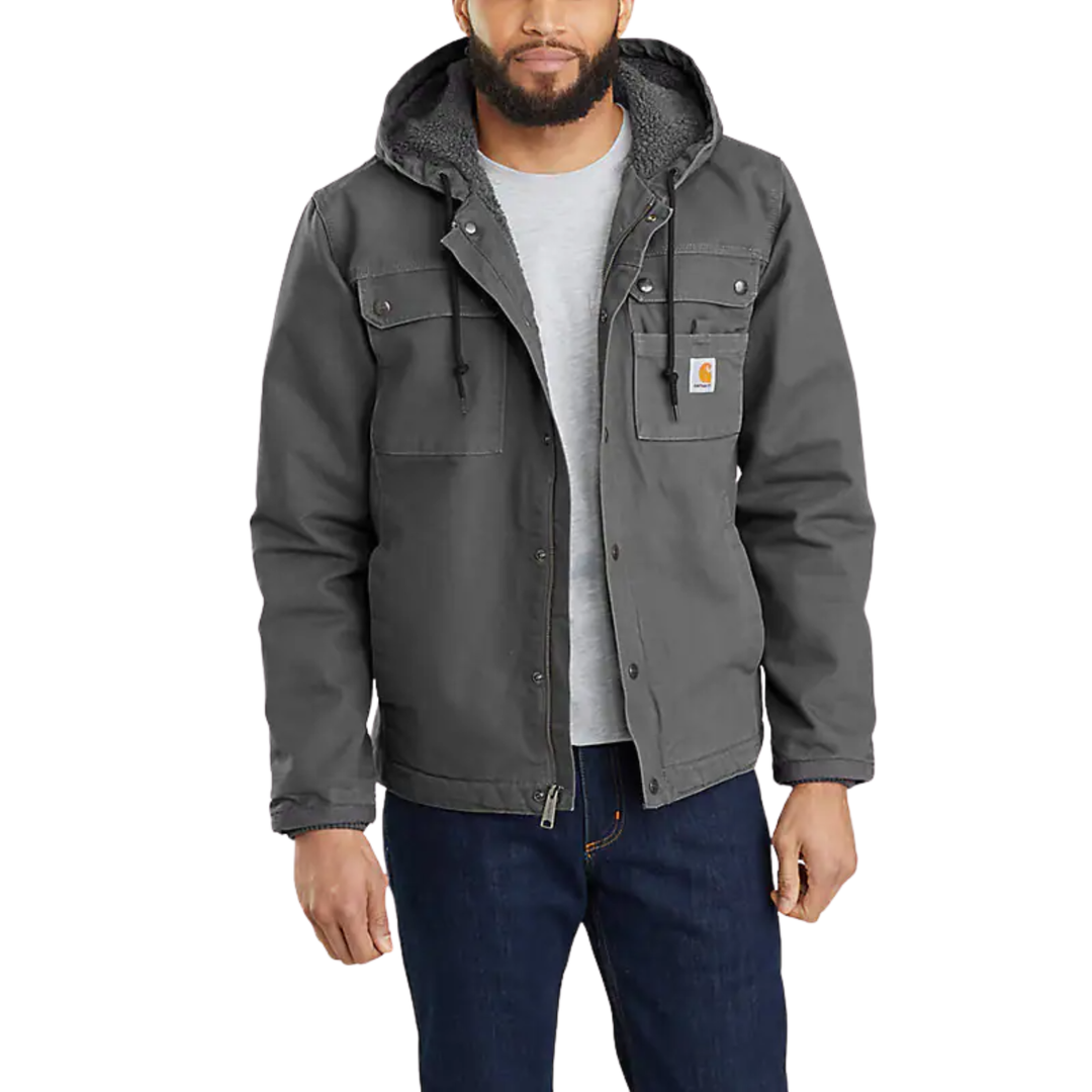 Man wearing a gray jacket with a hood on a white background