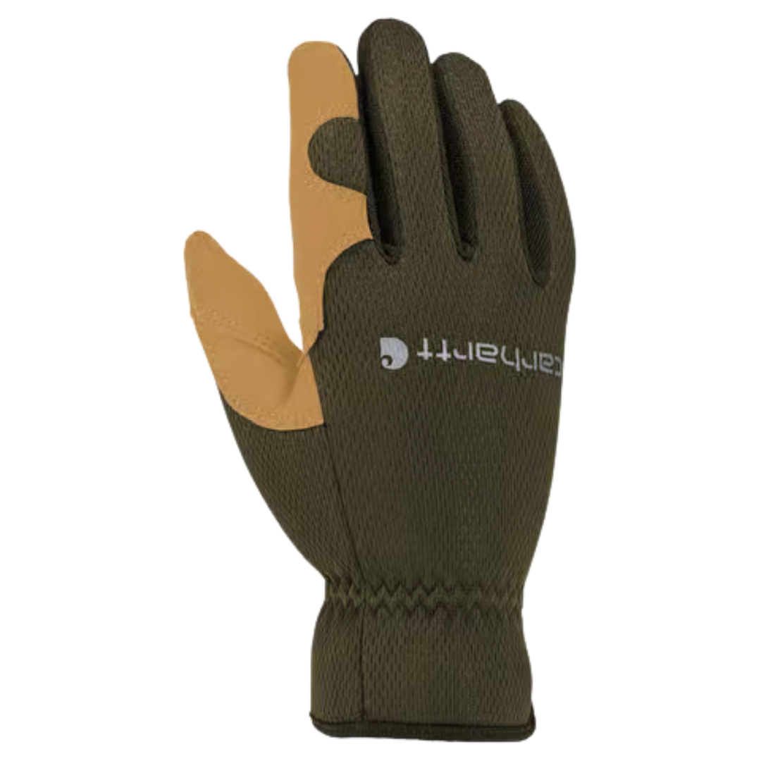 Olive work glove with tan palm and fingers, open cuff, and visible Carhartt logo