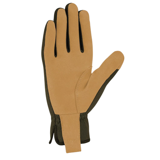 Tan glove with black accents on a white background