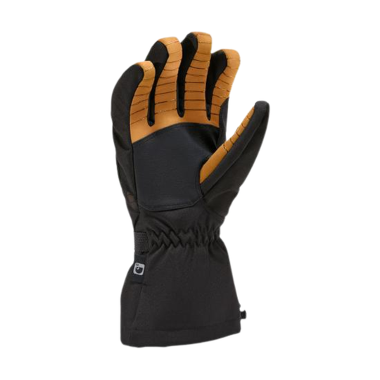 Black glove with brown accents on a white background