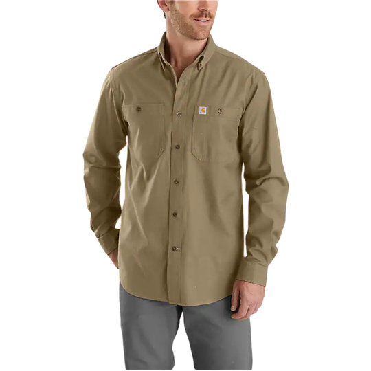 Man wearing a beige long-sleeve shirt with a brand logo on a white background