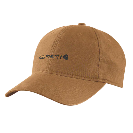 Tan baseball cap with a curved brim and dark embroidered logo on the front