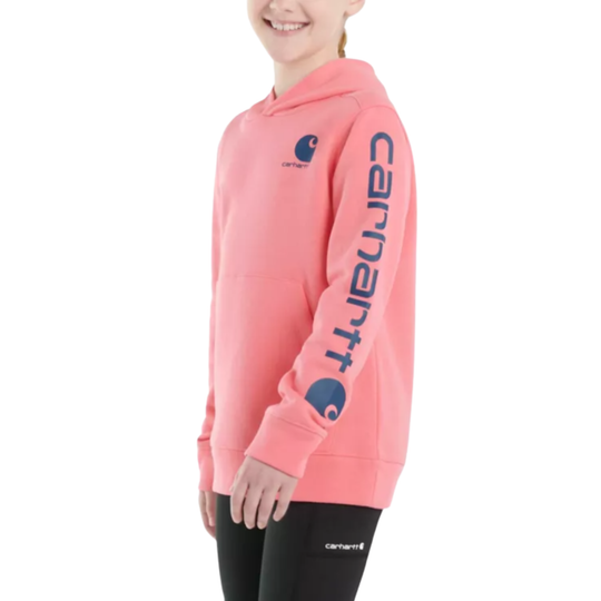 Pink girls' hoodie with Carhartt logo on chest and sleeve, shown on a white background.