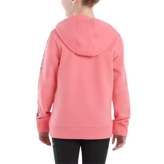 Person wearing a pink hoodie on a white background