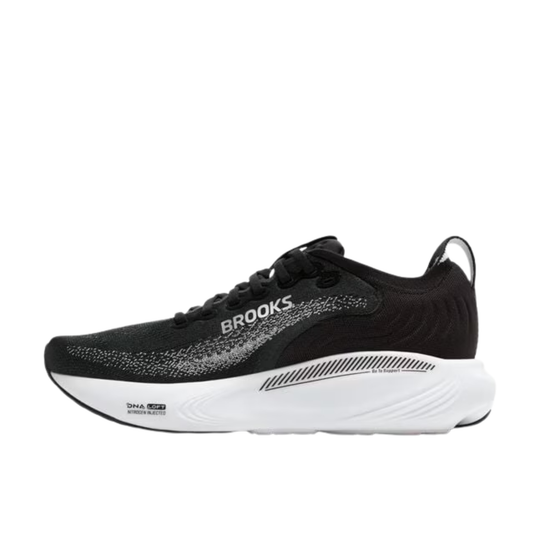 Black running shoe with white sole on a white background