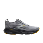 Gray running shoe with black sole on a white background