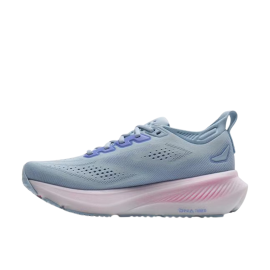 Light blue running shoe with pink sole on a white background