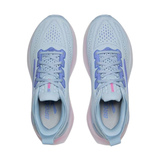 Pair of light blue running shoes with purple accents on a white background