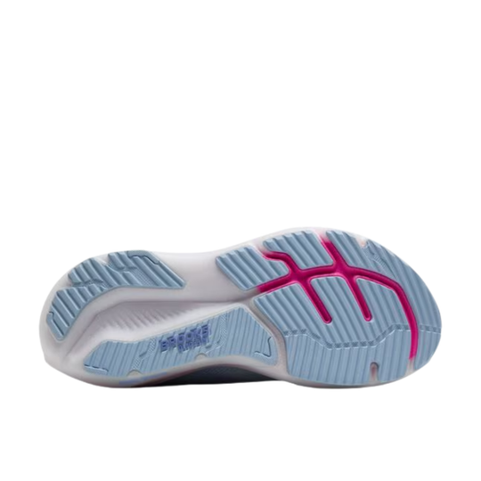 Sole of a shoe with blue and pink design on a white background