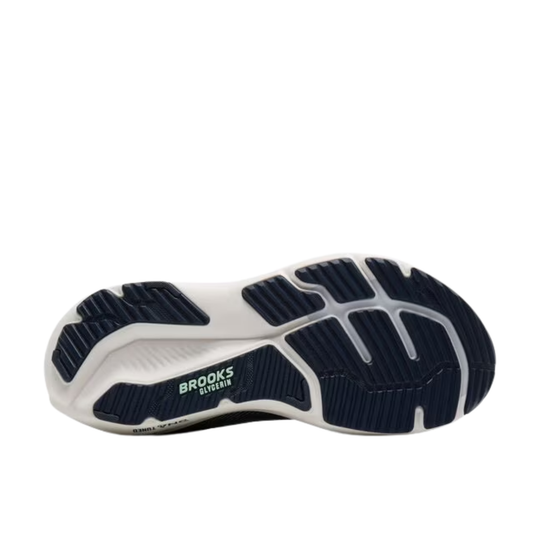 Navy and white running shoe sole with 'Brooks' branding on a white background