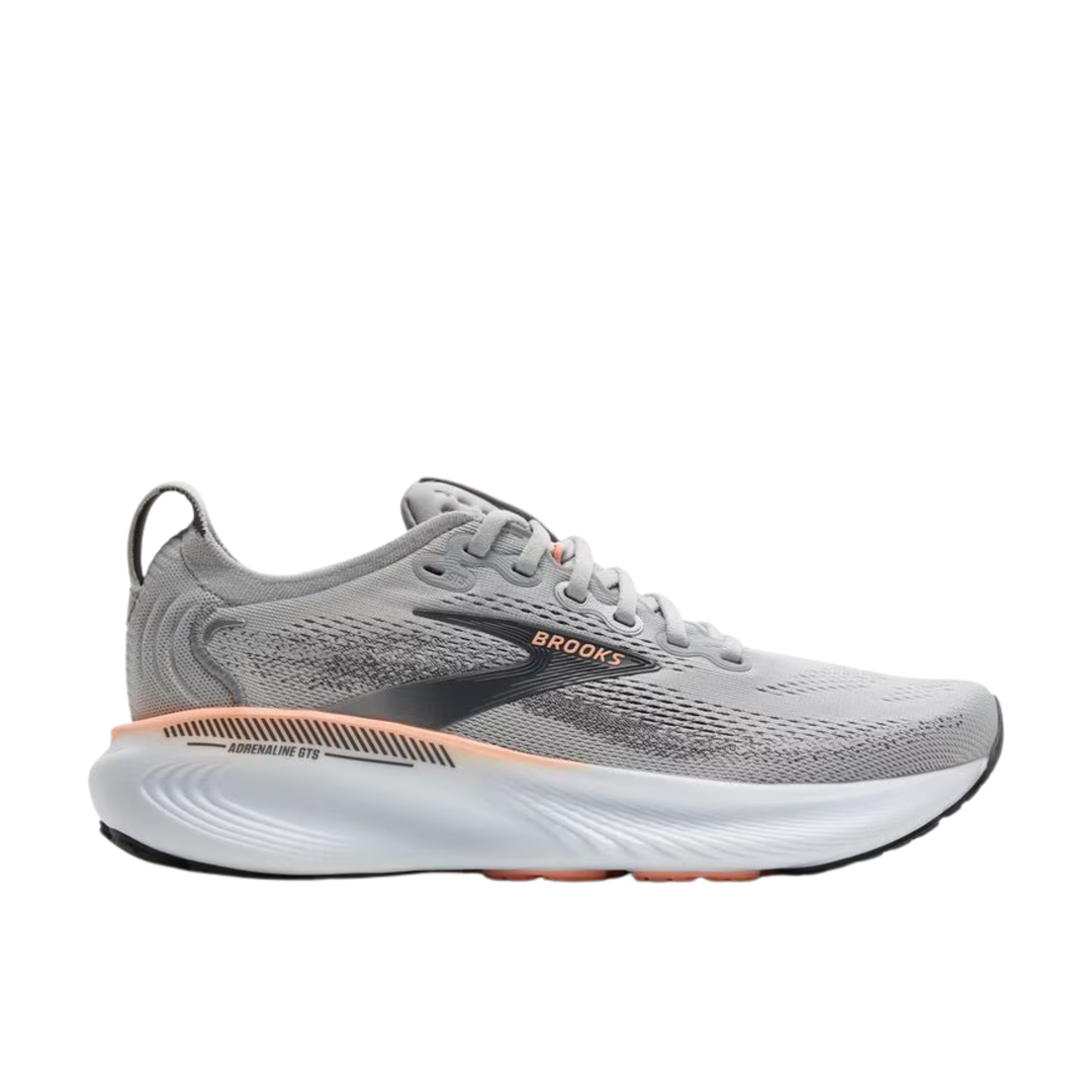 Gray running shoe with 'Brooks' branding on a white background