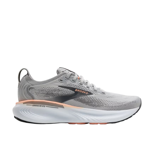Gray running shoe with 'Brooks' branding on a white background