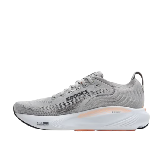 Gray running shoe with 'Brooks' branding on a white background