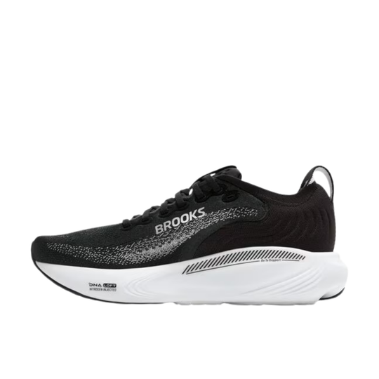 Black running shoe with white sole on a white background