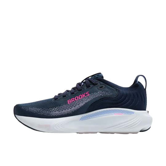 Navy running shoe with white sole on a white background