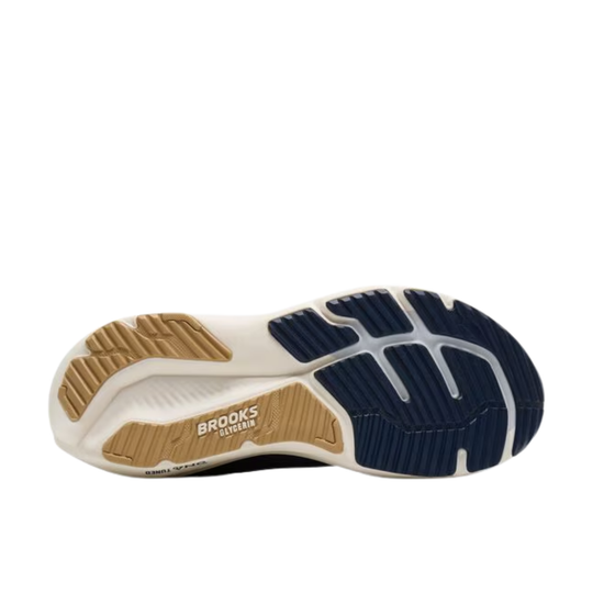 Sole of a running shoe with 'Brooks' branding on a white background