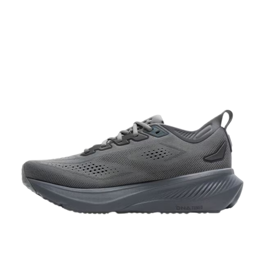 Black and gray running shoe on a light gray background