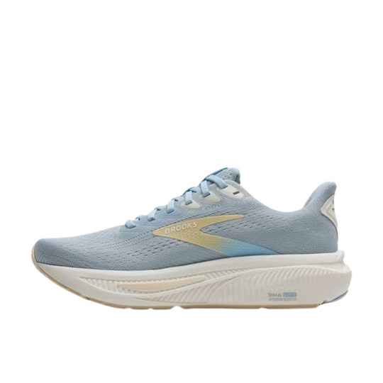 Blue running shoe with white sole on a white background