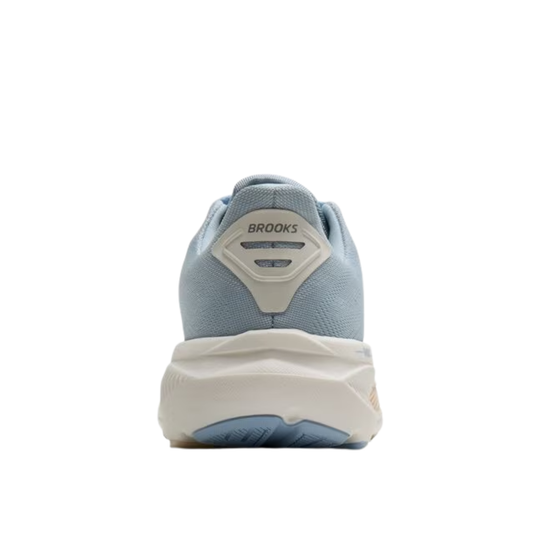Light blue running shoe with white sole on a white background