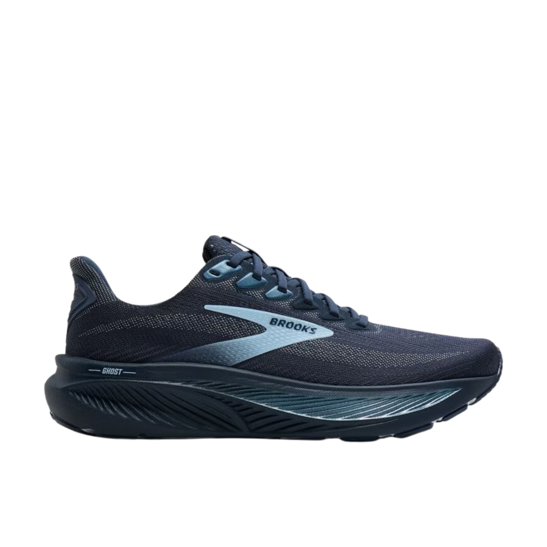 Navy running shoe with Brooks logo on a white background