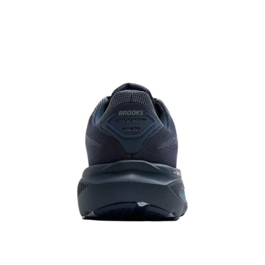Navy running shoe with 'Brooks' branding on a white background