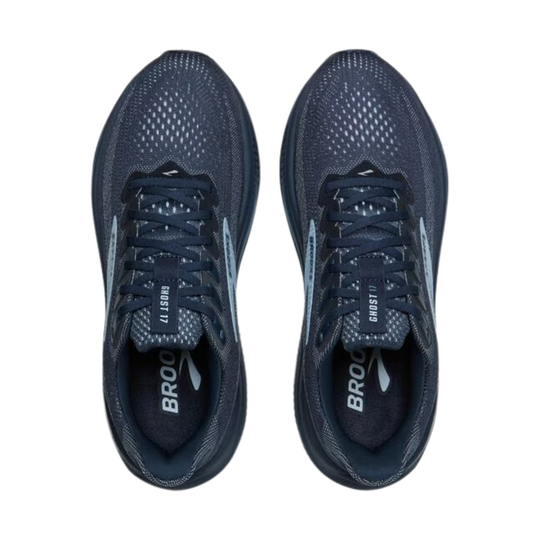 Pair of navy running shoes with 'Brooks' branding on a white background