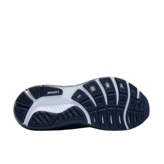 Navy and white running shoe sole with 'Brooks' branding on a white background