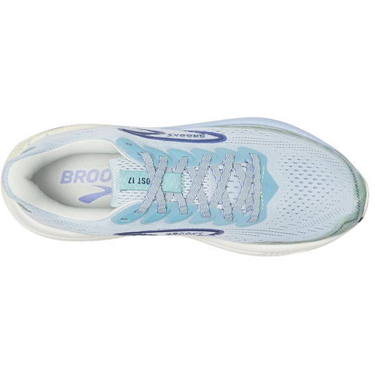 Light blue running shoe with white sole on a white background