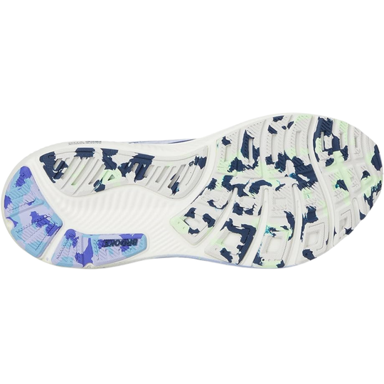 White sneaker with blue and green pattern on a white background